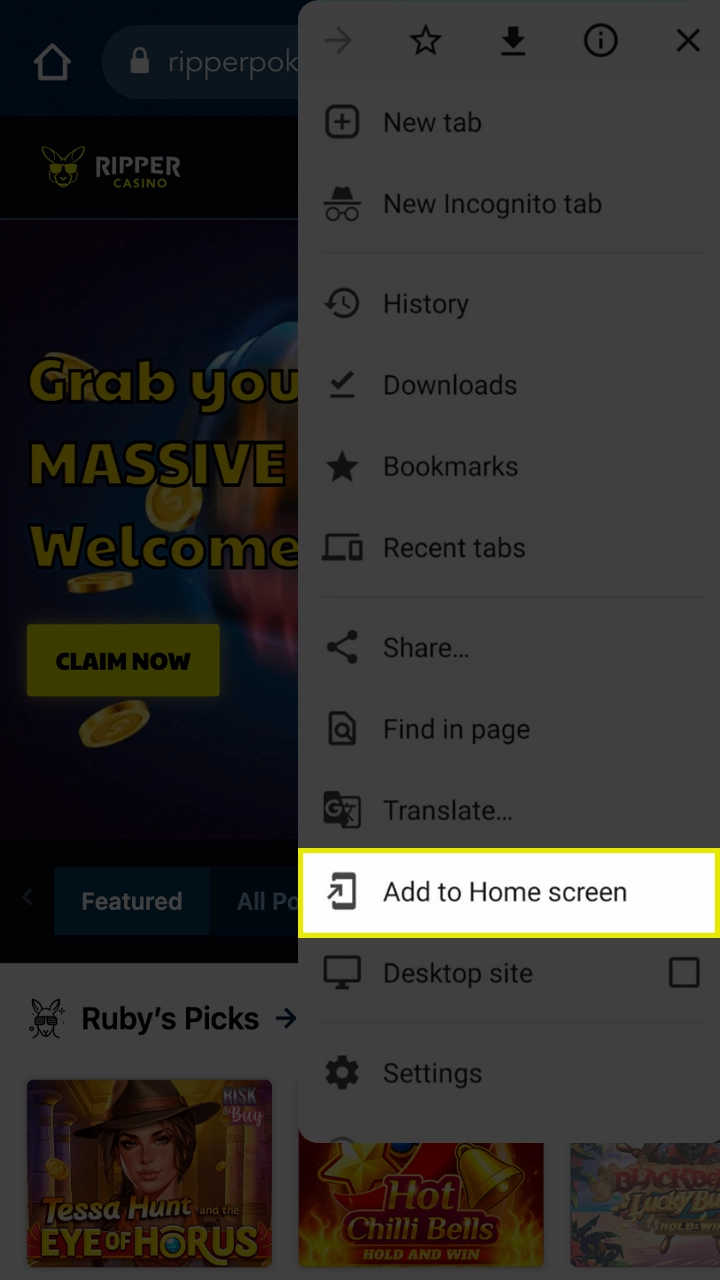Select add to home screen on the Ripper Casino website.