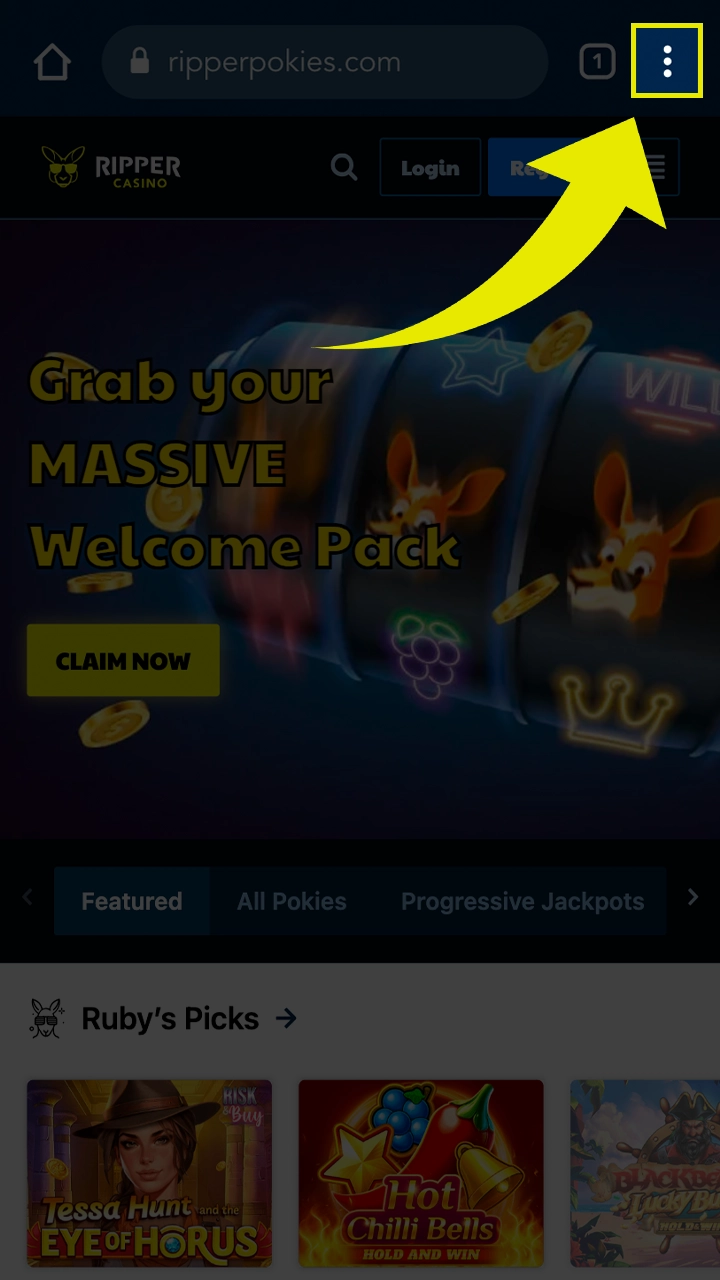 Open your browser menu to the Ripper Casino page.