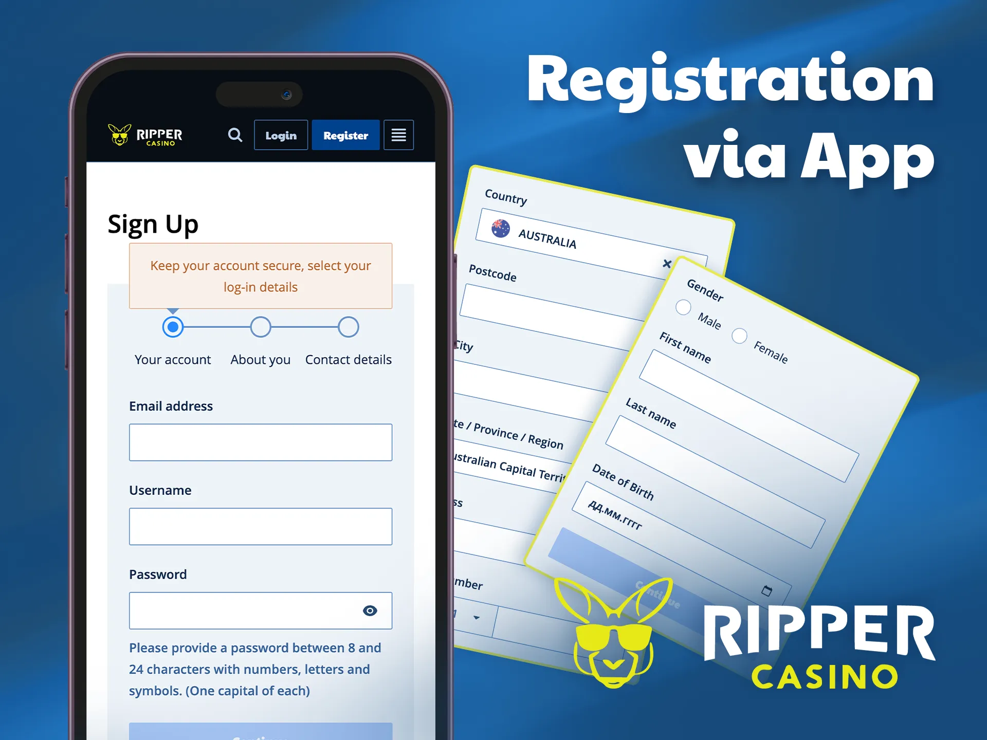 Simple steps to register at Ripper Casino via the mobile app.