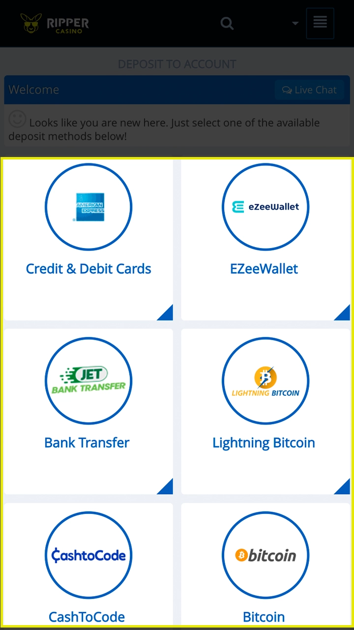 Go to deposit and select a method at Ripper Casino.