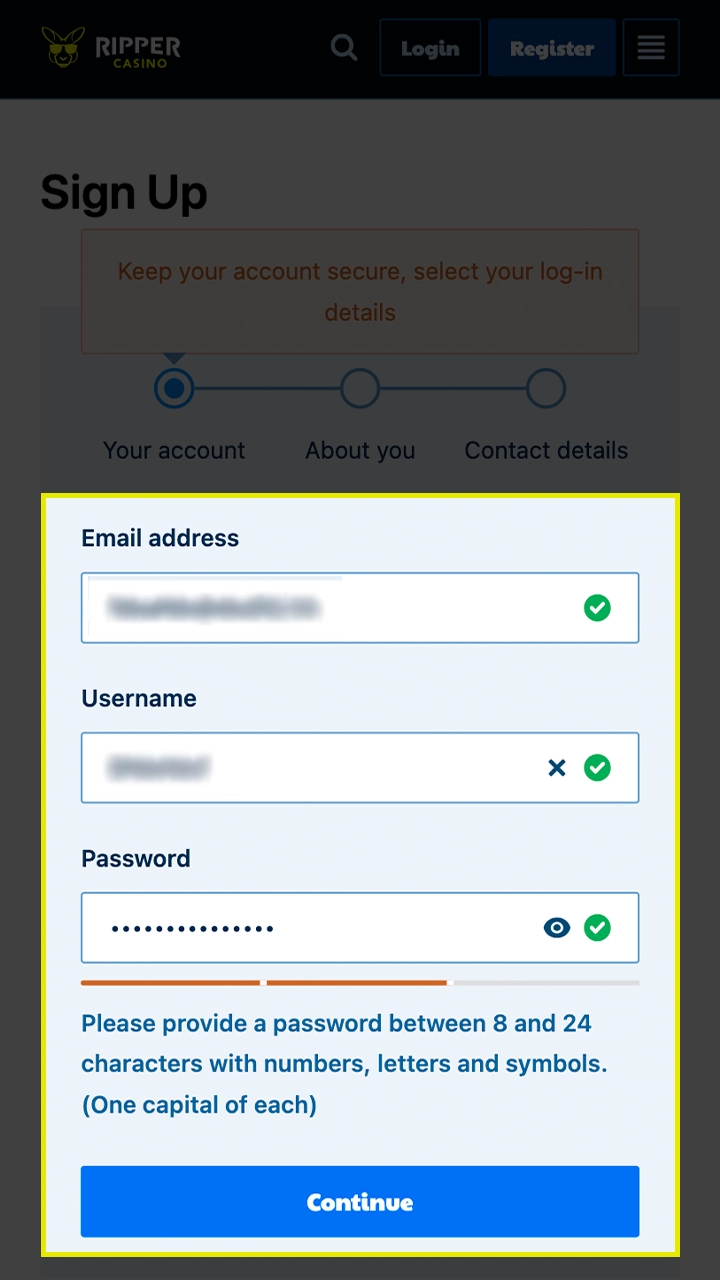 Fill in the required information to register at Ripper Casino.