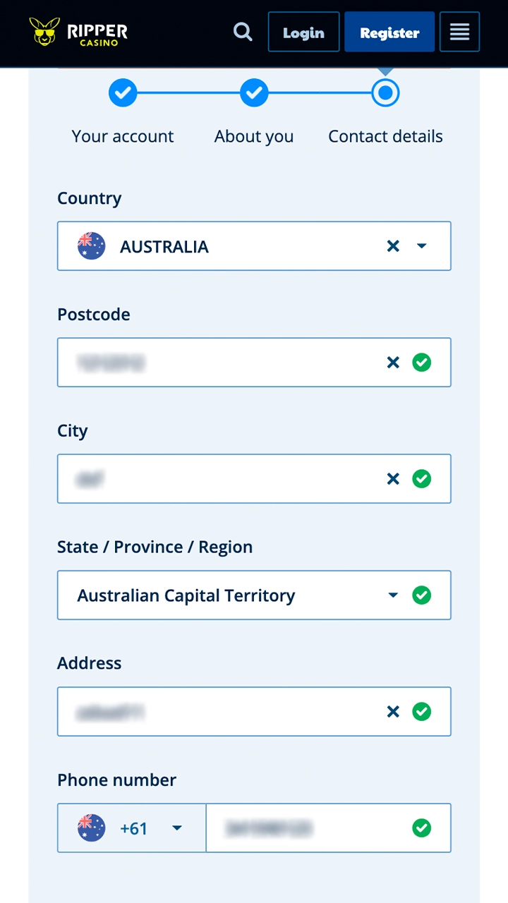 Fill in the required information to register at Ripper Casino.