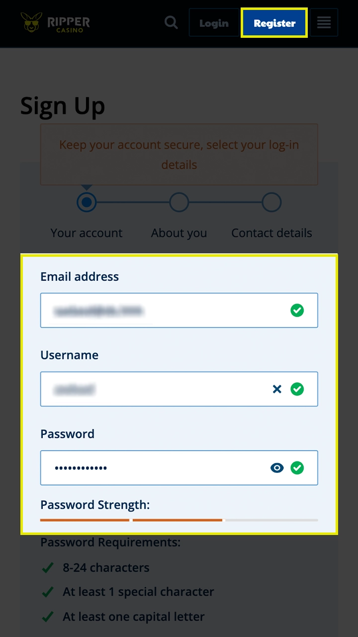 Proceed to registration and enter your details in Ripper Casino.