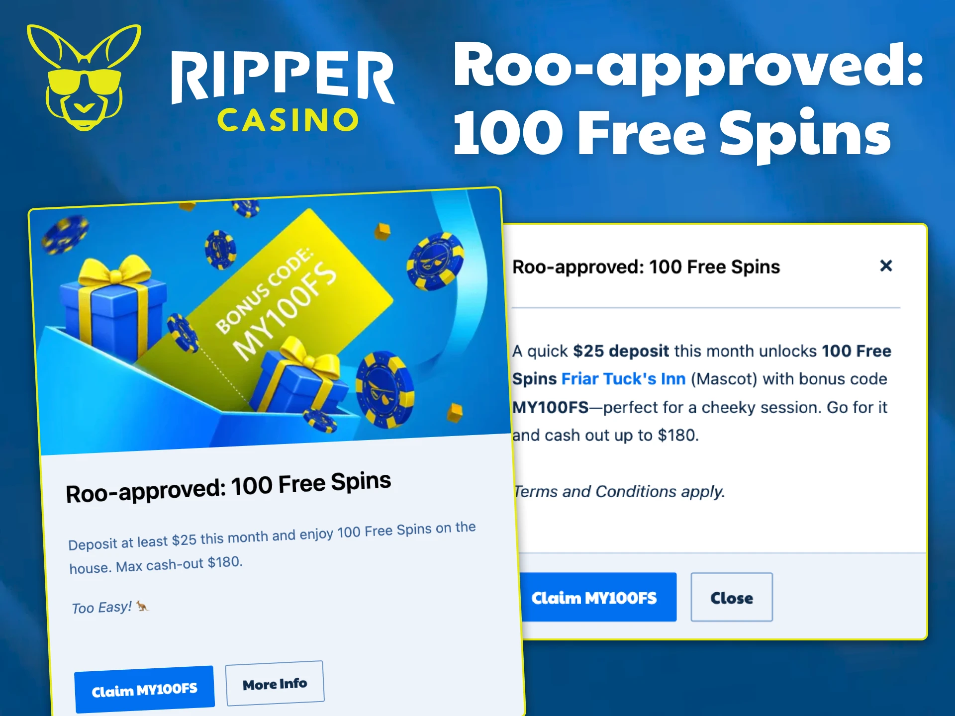 Use promo code to activate the Roo-approved: 100 Free Spins bonus at Ripper Casino.