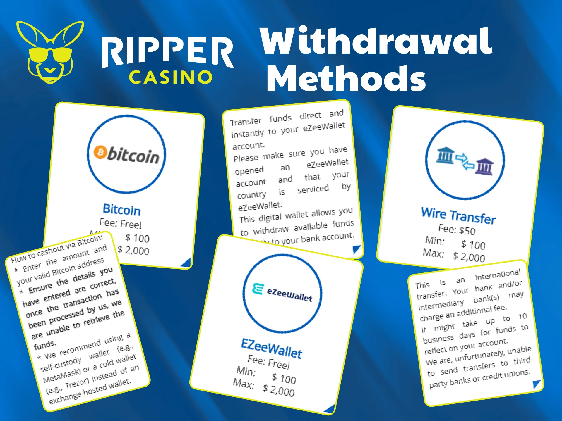 Withdraw money from your account in a convenient way for you quickly and securely on Ripper Casino.